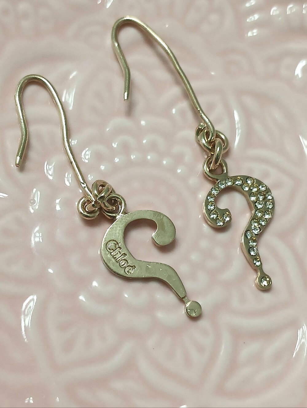 Chloe Earrings, Question Mark With Crystals And Chloe Engraving, Brass